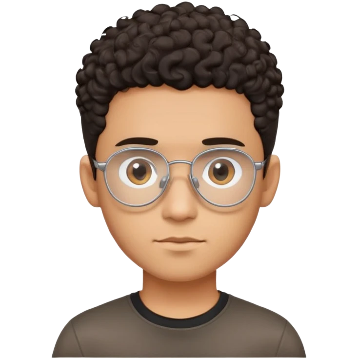 Young Latino male with small oval face, prominent forehead, aviator eyeglasses with metal frames, completely shaved sides with minimal dark curly hair on top only, gentle neutral expression, brown skin tone, simple black t-shirt emoji