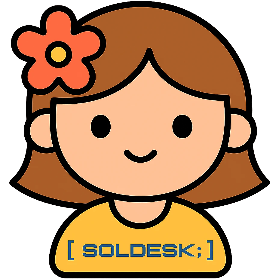 Add the SOLDESK logo to the character's shirt, keep the color outline icon style, no background. emoji