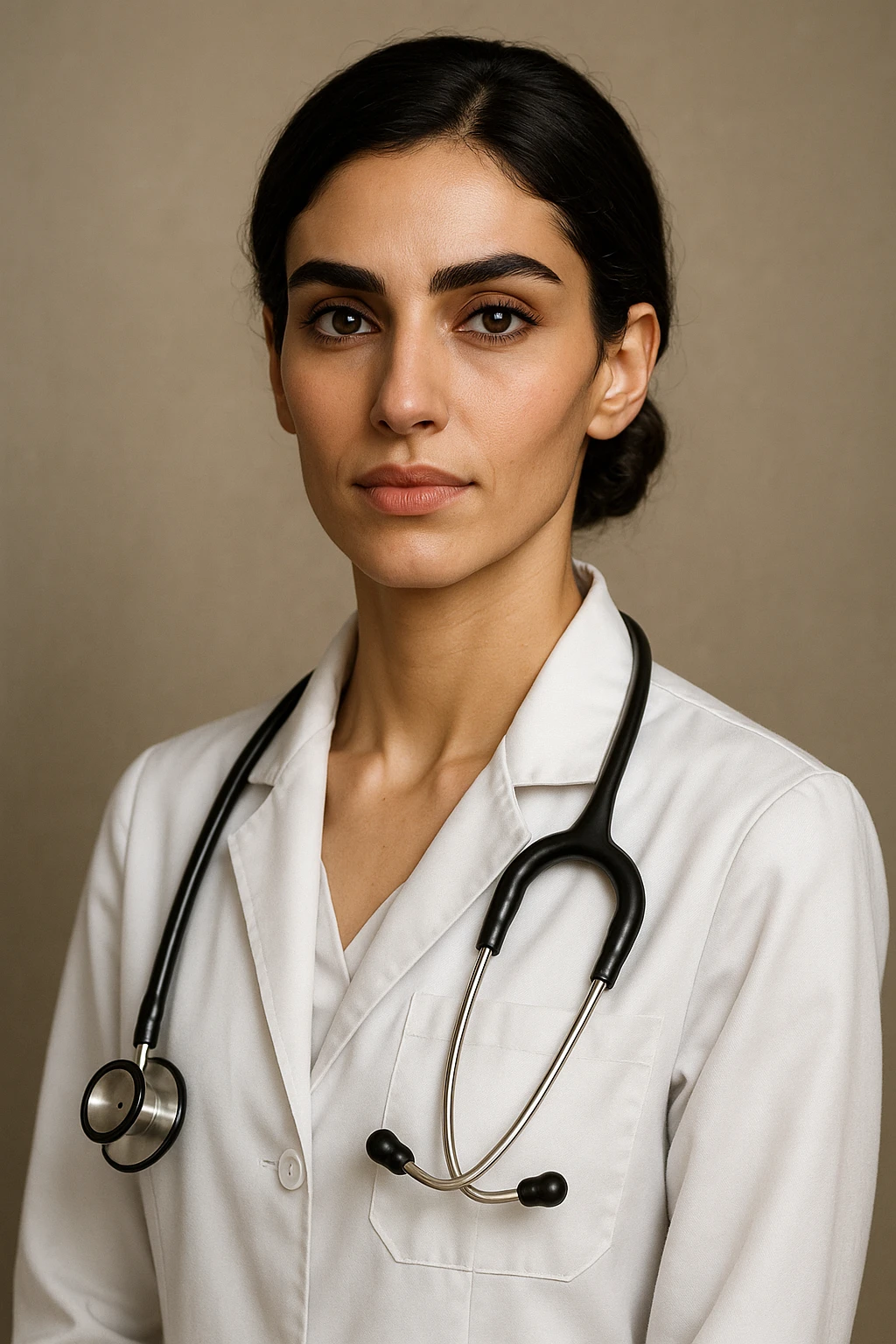Arab doctor, 46 kg, 173 cm, medium black-brown hair in a low bun, black eyes with long lashes and thick eyebrows, beautiful mouth, defined facial bone structure, prominent cheekbones, chin with a dimple (غمازة ذقن), wearing a white coat and stethoscope, elegant and professional emoji