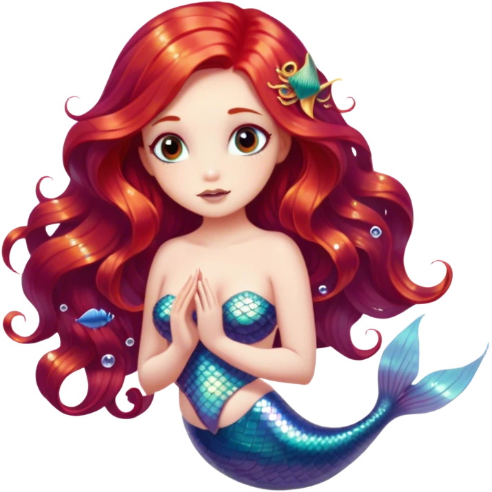Cinematic Realistic Red Hair Mermaid Portrait, depicted with lifelike porcelain white skin that glows with an ethereal radiance, enhanced by soft underwater lighting. Her intricately detailed, flowing red hair cascades like liquid fire, framing deep, soulful eyes that mirror the mysteries of the deep sea. Accented by shimmering, iridescent scales and delicate aquatic embellishments, the portrait features an enchanting underwater glow that marries realism with mythic ocean elegance. emoji