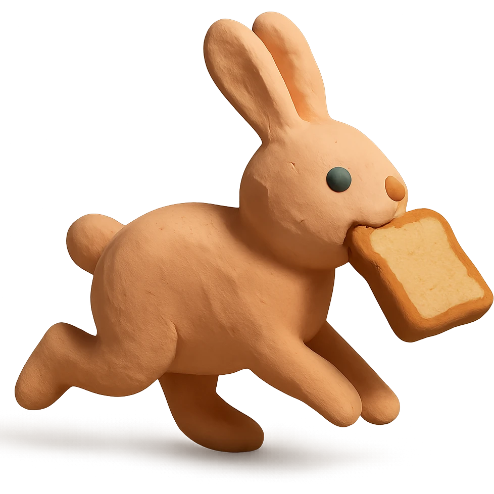 peach bunny running with toast in mouth, claymation style emoji