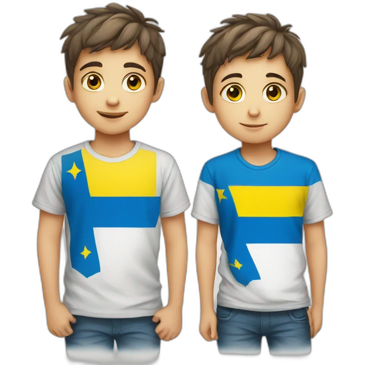 A boy with the flag of Ukraine on his T-shirt stands with the flag of Israel emoji