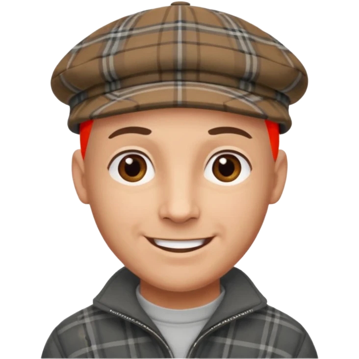 a bald man wearing a grey and brown tratan flap cap looking really hopeful emoji