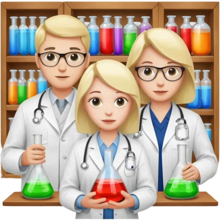 The team of three scientists is waist-deep, surrounded by chemical flasks and books emoji