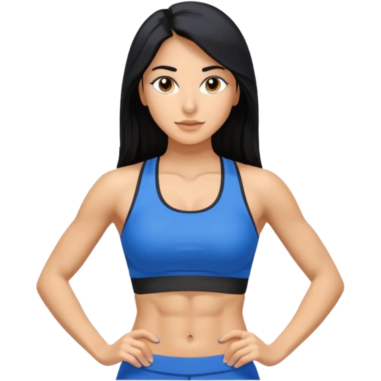Spanish woman olive tone with long black hair, in a blue fitness gym fit with abs, very lean emoji