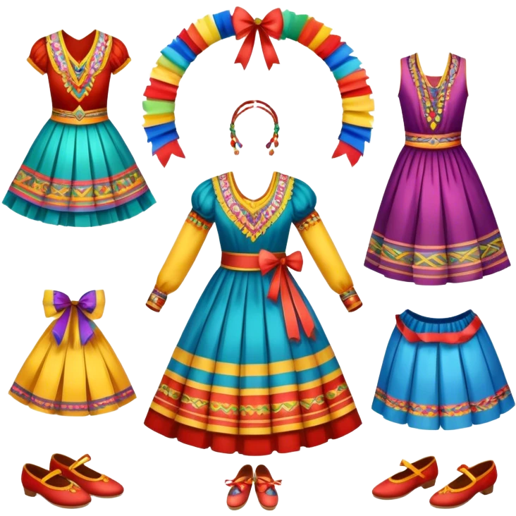 Icon for Folk Dance: close-up traditional dance dress, shoes, colorful folk costumes and a dance circle with ribbons. The icon should represent the vibrant and cultural aspects of folk dancing. Transparent background. emoji