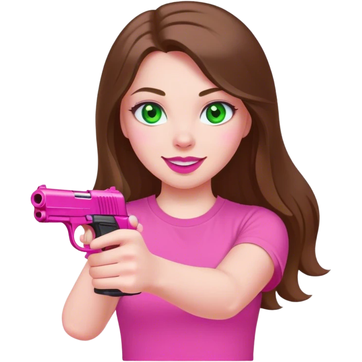 mid sized white skinned girl with green eyes and long brown hair aiming a pink pistol smiling maniacally in a pink t-shirt with pink lips emoji
