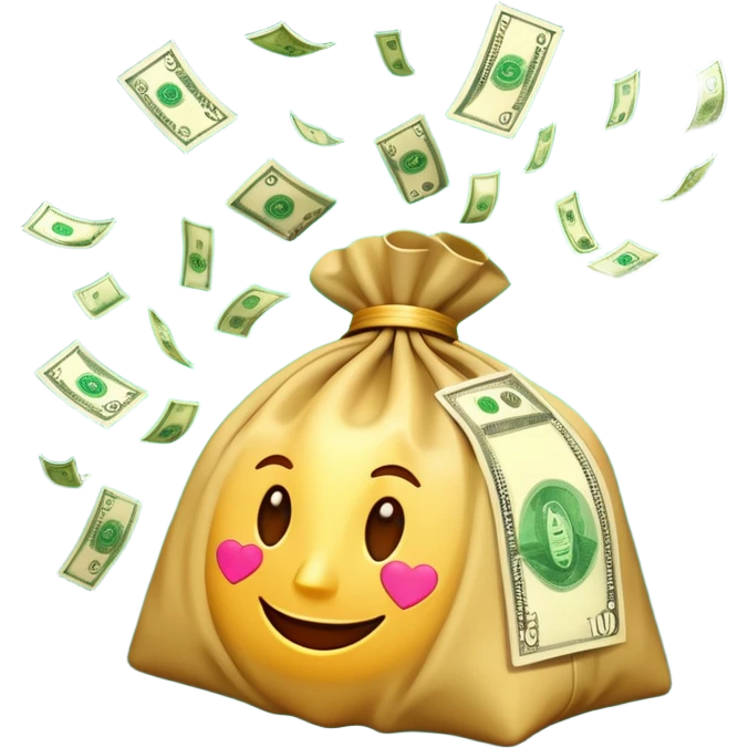 

3D emoji style, big bag of money, flying dollar bills, rich casino vibe, smooth lighting, high detail, clean edges, transparent background



 emoji