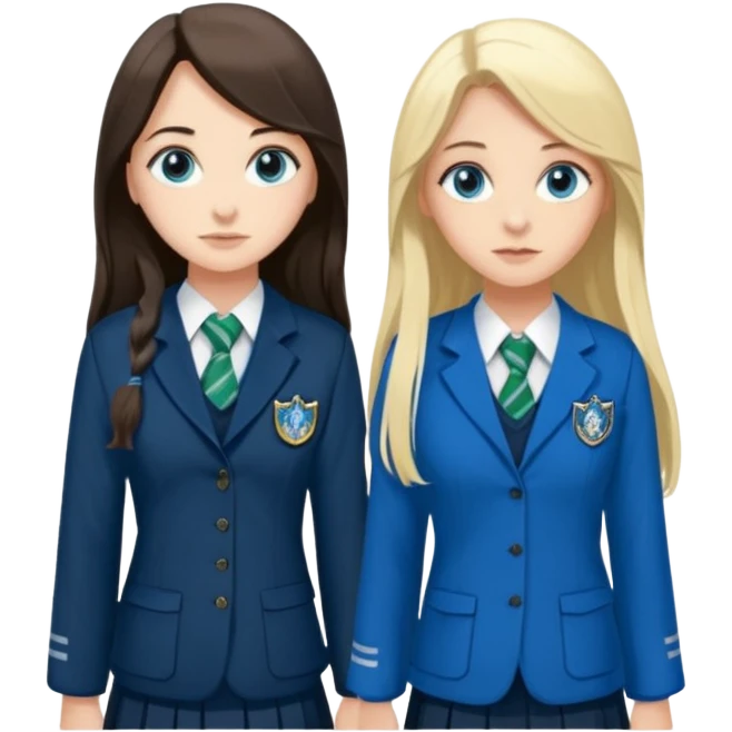 a pretty ravenclaw girl with long dark brown hair and blue eyes standing with a hot Slytherin girl with long blonde hair, blue eyes and big boobs  emoji