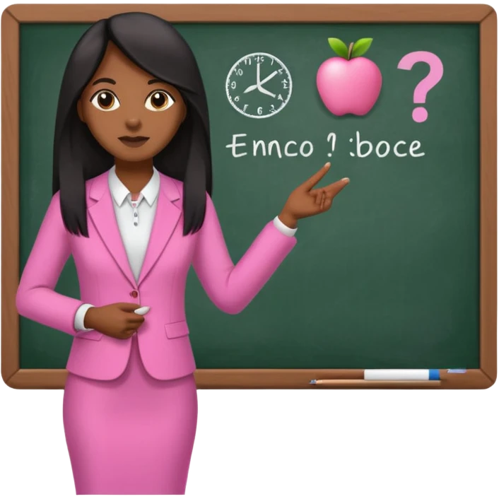 a brown skin teacher with hair with black straight long hair wearing pink not hot pink 2 piece set teaching up on a board the board  emoji