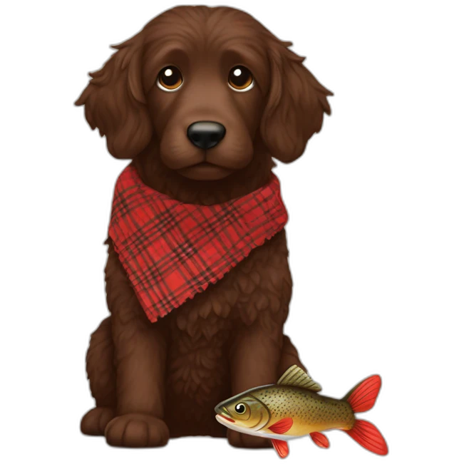 Chocolate brown colored doodle with a red and black flannel hankerchief holding a plush trout fish chew toy emoji
