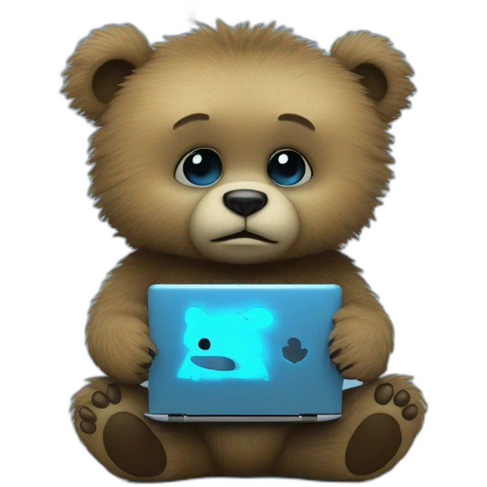 little blue neon punk bear with broken toy laptop emoji