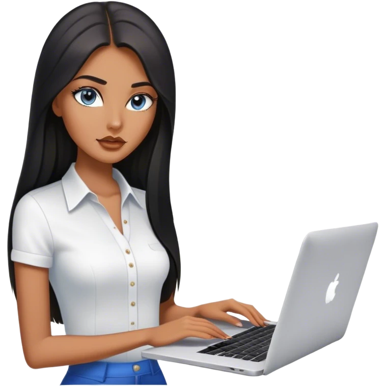 Glamours tanned very beautiful girl with pump nude lips and black straight smooth long hair, blue-grey eyes in white shirt with MacBook. emoji