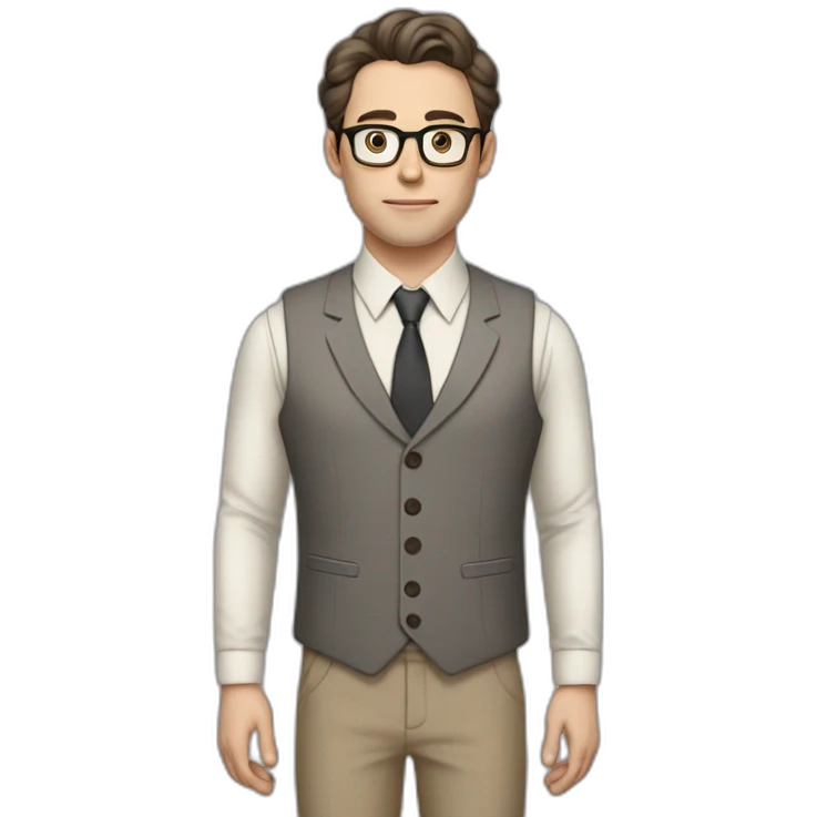 Full height Pale skinned Fit Man With dark brown hair in gray jacket, vest, tie, beige office shirt, Brown pants and vintage glasses. Thrumbs of his palms directed up emoji