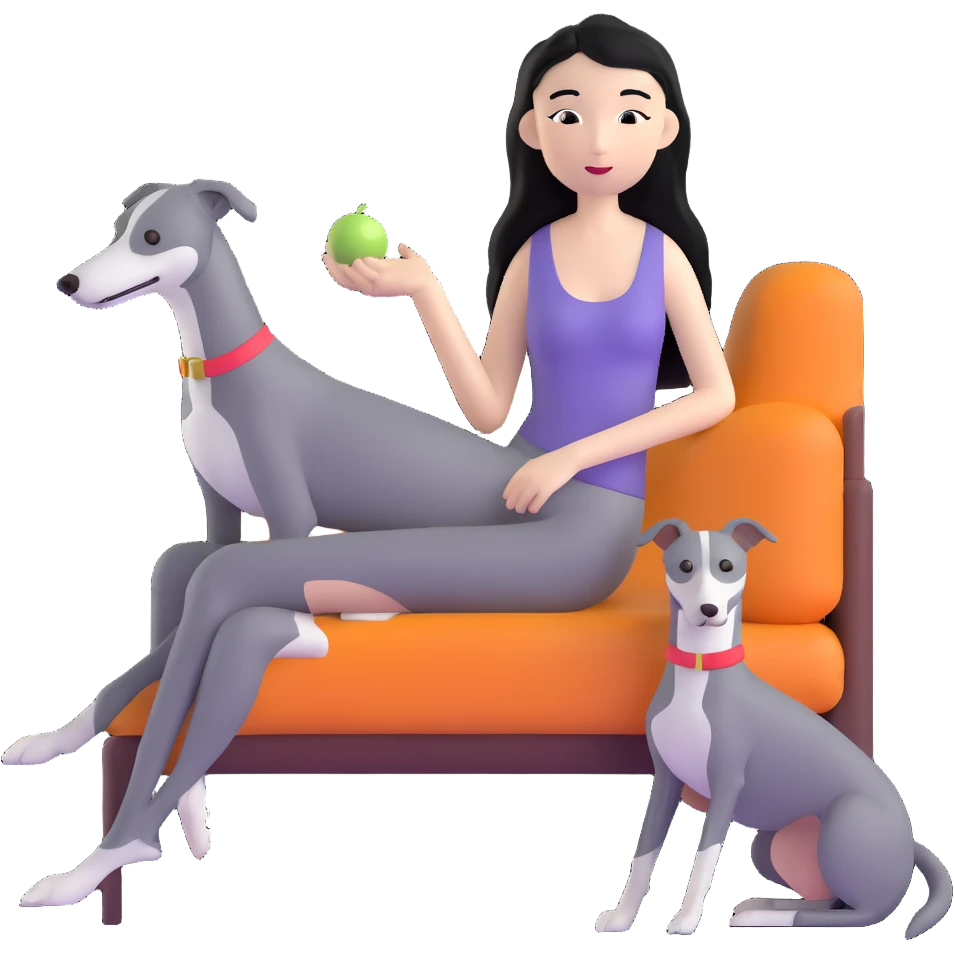 Very thin Chinese woman with long black hair relaxing in a luxurious hotel suite with exactly ONE whippet dog. EXTREME IMPORTANCE: the whippet must be ONE SOLID MEDIUM GREY COLOR (not too dark, not too light) from nose to tail with ABSOLUTELY NO WHITE MARKINGS anywhere - NO white on face, NO white on muzzle, NO white on chest, NO white on paws, NO white on tail - NOTHING BUT A SINGLE SHADE OF MEDIUM GREY throughout the entire animal emoji