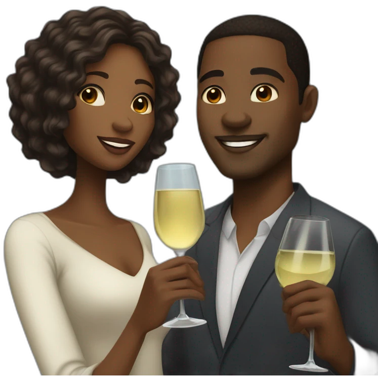 An African couple, a black woman with long dark blonde hair and brown eyes, and a black man with a short faded haircut, toast to each other with a glass of white wine. emoji