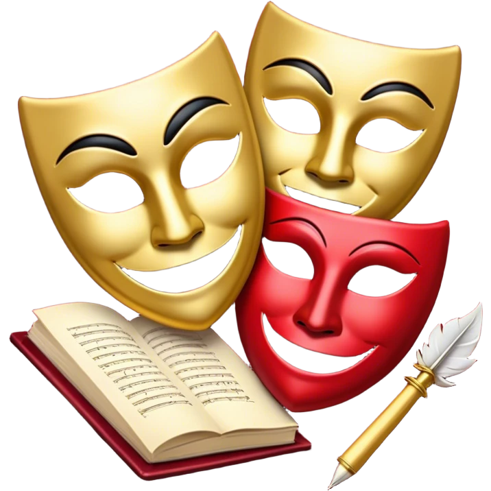 Create a bold and dramatic emoji representing the art of playwriting. The design should feature an open script or a theater playbook, with stylized text lines or dramatic dialogue inside. Include elements like a theatrical comedy and tragedy masks, a stage spotlight, or a writting quill to symbolize creativity and performance. Use deep, contrasting colors like red, black, and gold to evoke the intensity and passion of drama. The overall design should feel dramatic, inspiring, and artistic. Make the background transparent. emoji