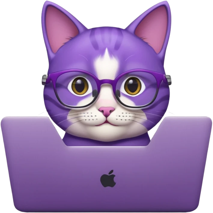 smart purple cat smiling in glasses with laptop emoji