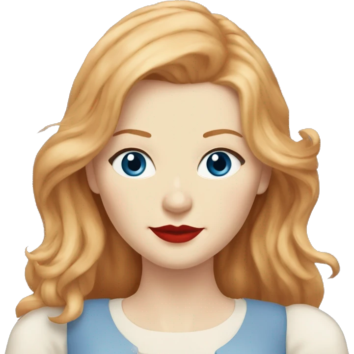 Kirsten Dunst, long red hair, blue eyes, pale skin, red lipstick, white t-shirt, beige skirt emoji