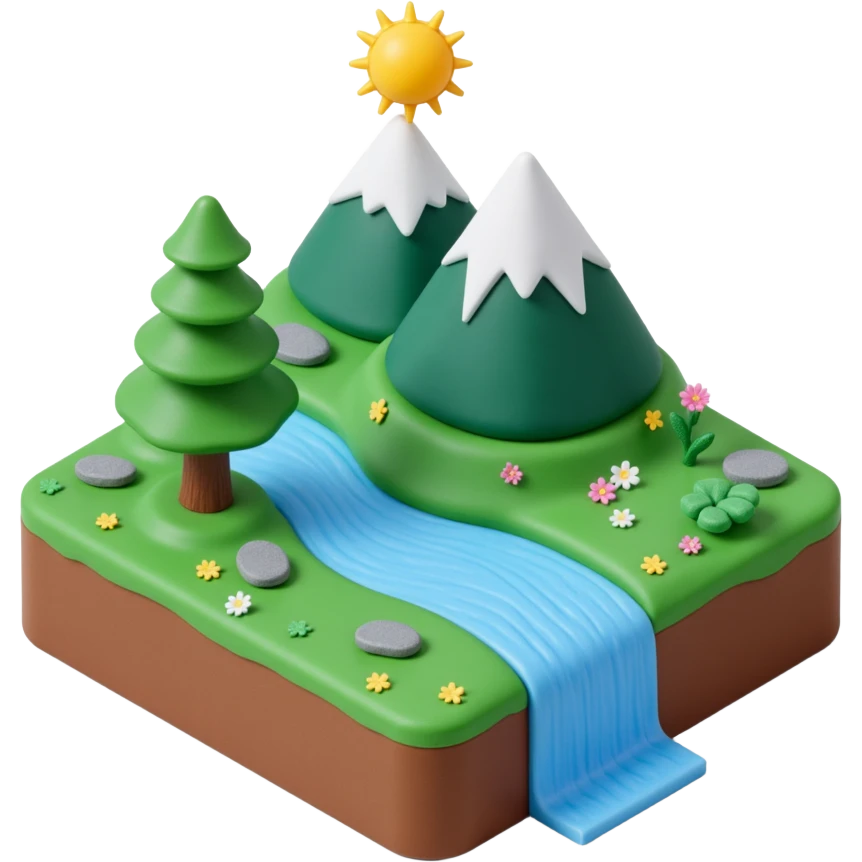 mountains with river flowing and sun emoji