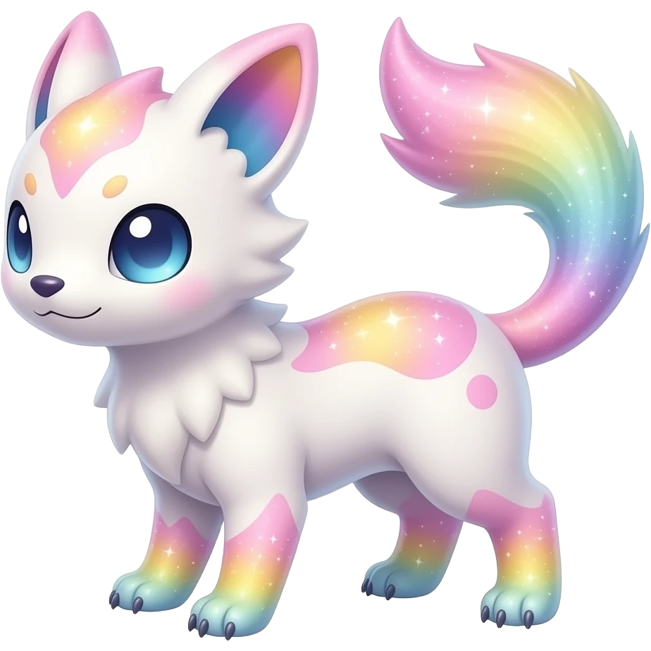 Rare realistic exotic pastel whitish pinkish yellowish gradients shiny sparkly divine celestial spiritual iridescent cute epic pretty beautiful handsome gorgeous aesthetic colorful vibrant Vernid-Trico-species-Fakemon-creature by LiLaiRa, 4 legs, 1 tail, random markings, (full body) emoji