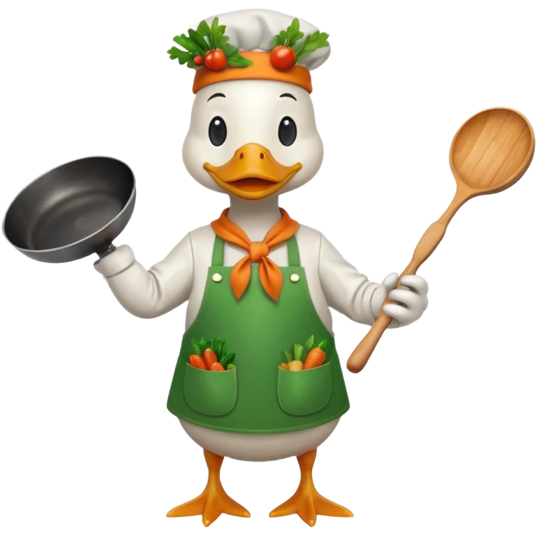 A duck holding a frying pan with vegetables, wearing green apron emoji