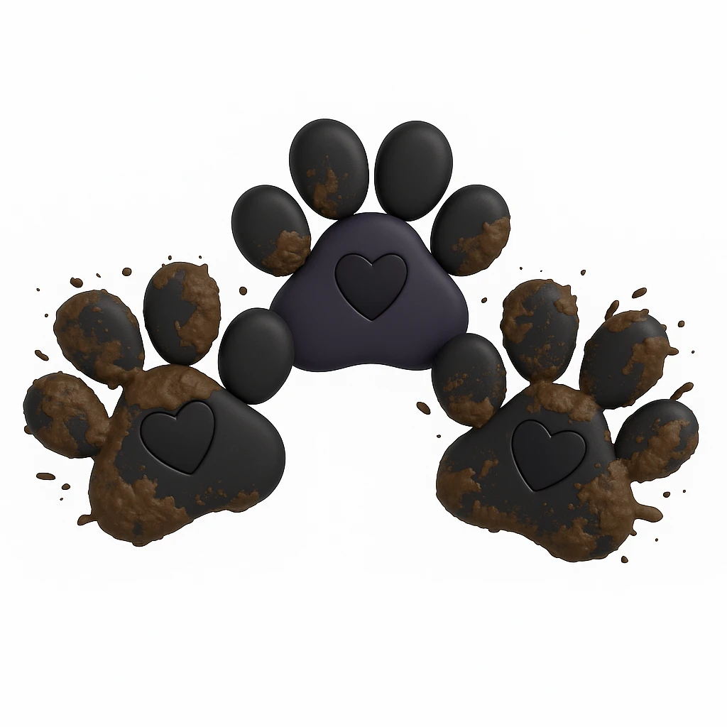 Make the two black puppy paws look muddy, keep the black heart around them and original style (original style slug: 3d-emoji) emoji