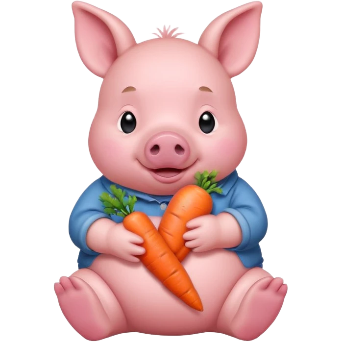 Baby Sitting Piglet – chubby piglet sitting down holding a toy carrot emoji