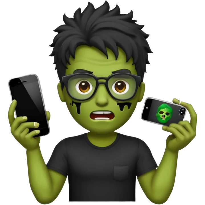 Crie um zumbi estilo emoji do iPhone com cabelo ondulado masculino com camiseta preta e óculos de grau preto emoji