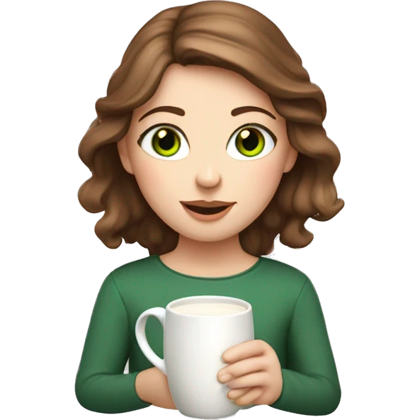 White girl with greenish eyes and brown hair drinking milk from a artisanal ceramic mug with little flowers emoji