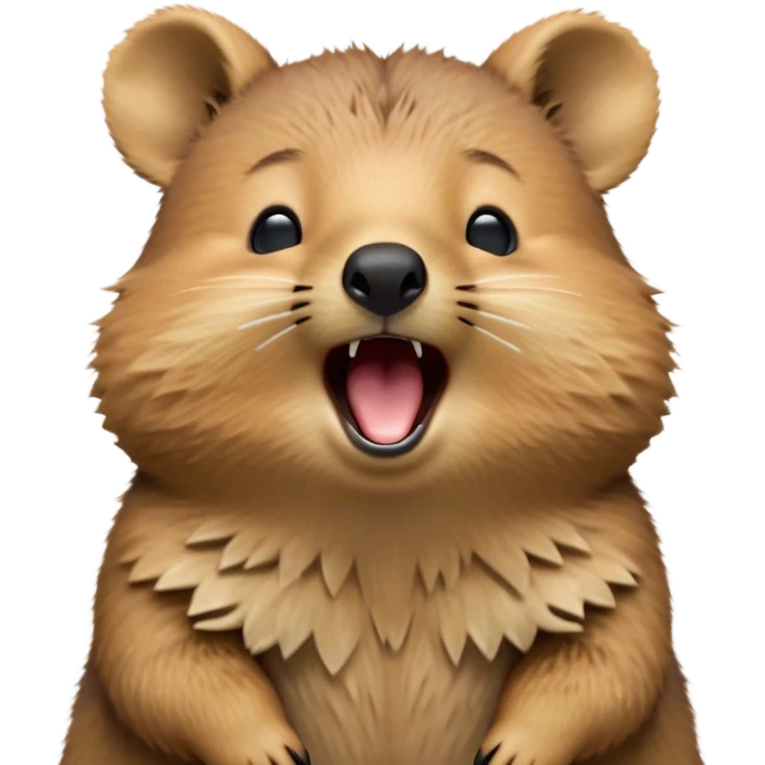 Cinematic Cute Yawning Quokka Portrait Emoji, Head tilted slightly with a dramatic, wide-open yawn, showcasing a soft, downy brown fur with a slightly droopy expression and eyes barely open in drowsy contentment, Simplified yet irresistibly adorable features, highly detailed, glowing with a soft, cozy glow, high shine, relaxed yet expressive, stylized with a touch of playful charm, bright and endearing, soft glowing outline, capturing the essence of a sleepy yet affectionate quokka, so drowsy it feels like it could stretch out of the screen and curl up for a nap! emoji
