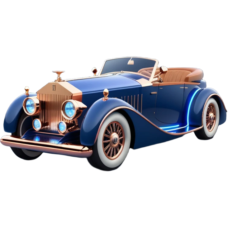 dark blue led lights on a streamlined hot rodded delicately inlaid rose gold and wood accentuated sporty 1889 Rolls Royce with futuristic electric spaceship plasma neon glowing motors and lightening dynamos with wide racing wheels that are held strong by advanced suspension and steering emoji