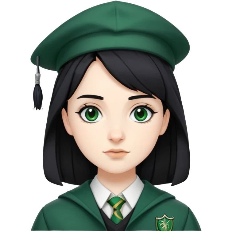 Pansy Parkinson in harry potter, wear hogwarts slytherin uniform, black hair, not wearing hat emoji