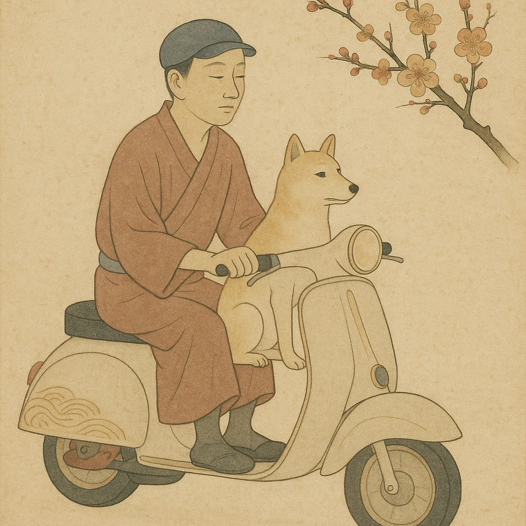 man and his pet dog riding a vespa emoji