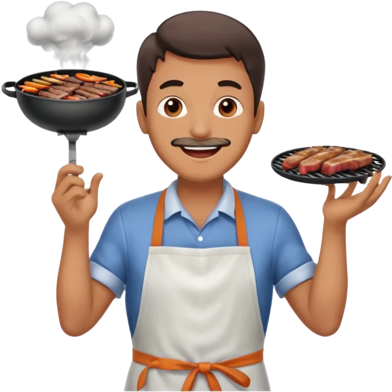 A cheerful man in an apron flipping meat on a sizzling grill with smoke puffing upward. emoji