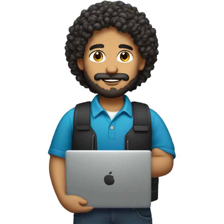 no glasses, Mexican school IT technician with apple laptop and with curly hair and mustache and beard  emoji