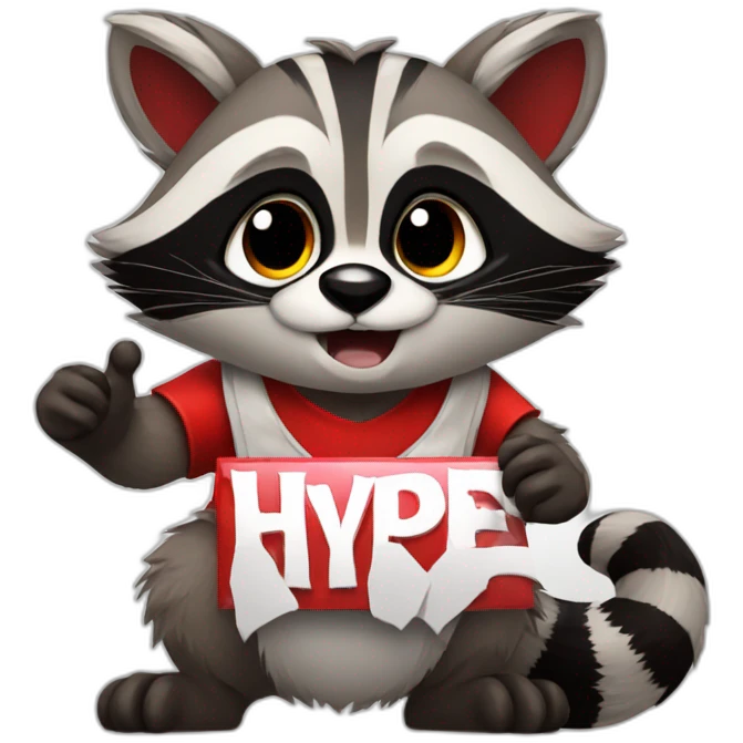 anime raccoon holding a sign that reads "hype" in red font emoji