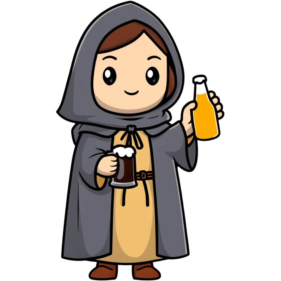 young female medieval pilgrim with cloak and beer bottle emoji