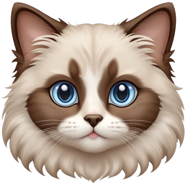 cinematic-fluffy-brown-ragdoll-cat-portrait-emoji,-head-tilted-cutely-with-big,-sparkling-blue-eyes,-soft-brown-and white-colored-fur-with-darker-points-on-the-ears,-face,-and-paws,-simplified-yet-irresistibly-adorable-features, emoji