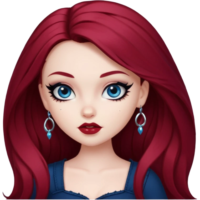 pale skin, girly bratz baddie, beautiful dark blue eyes, sharp black eyeliner, long dark red hair emoji