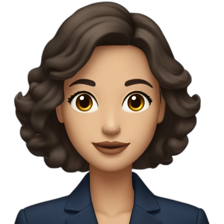 Beautiful woman with long dark brown hair, big almond shape brown eyes wirh long eyelashes, pretty smile with medium full lips, defined jawline, medium size nose, wearing a navy power suit  emoji