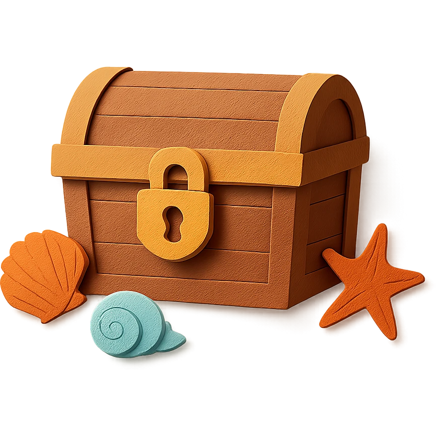 closed treasure chest with a lock, surrounded by seashells and starfish, paper-craft style emoji