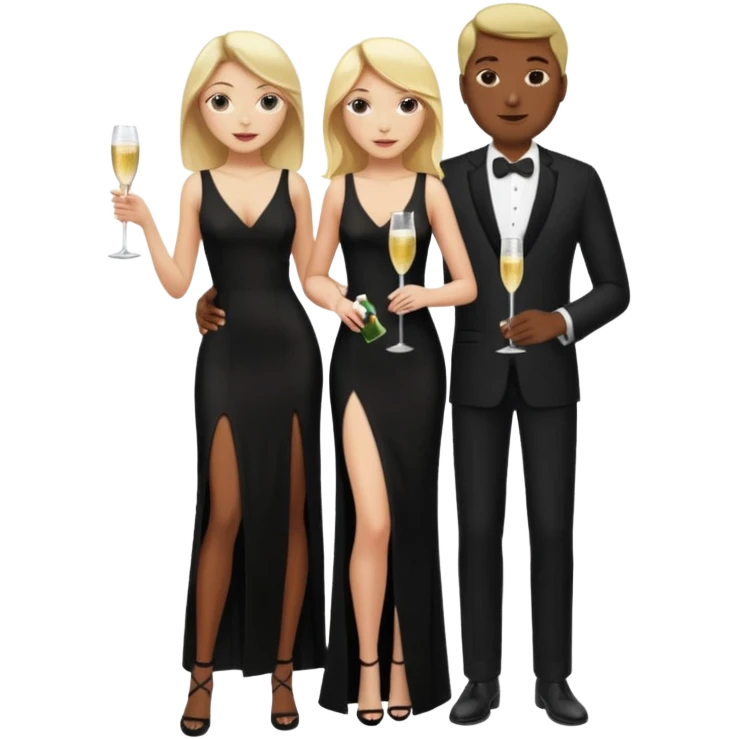Blonde Woman, Long black slipdress, Slot left Leg, man black Cut,fly, Champagner glas emoji