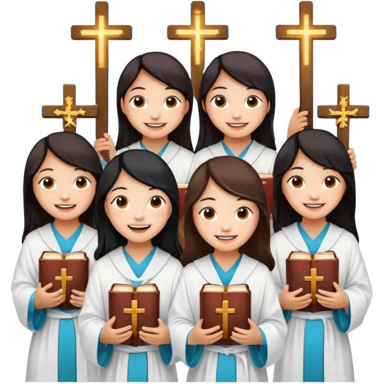 eight asian girls holding bibles and crosses and laughing to each other emoji