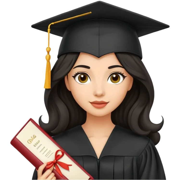 beautiful olive-skinned woman with wavy black hair wearing graduation cap and gown, holding diploma emoji