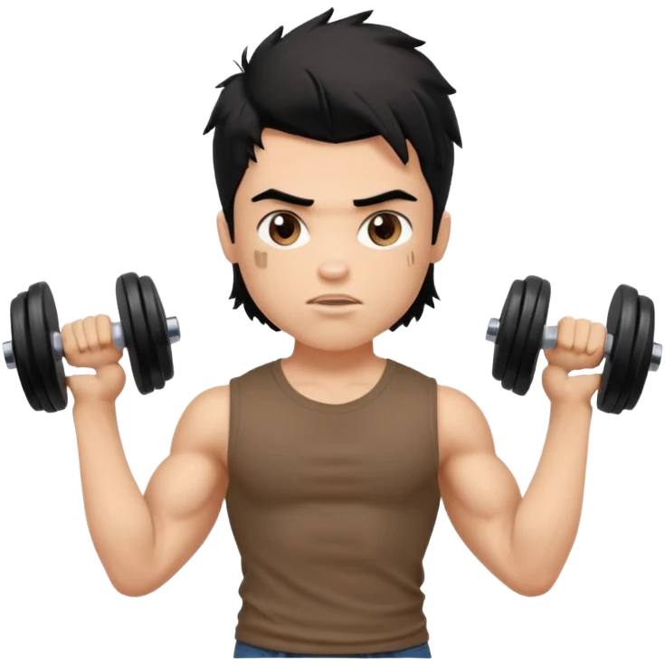 generate a pretty fair bratz boy with a messy mullet (black hair), wearing a brown tshirt. he has big biceps and is ripped. He is holding dumbbells emoji