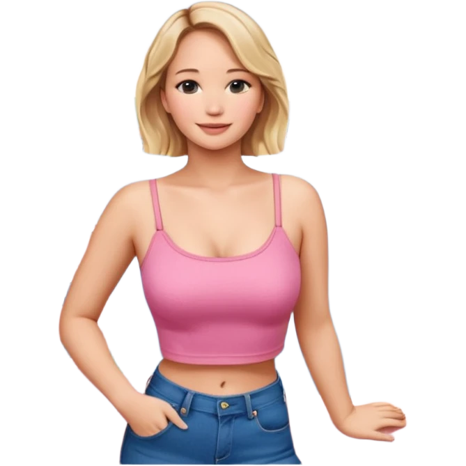jennifer lawrence, pink crop top, and blue jeans, leaning on a balcony with a harbor and cityscape in the background, smiling emoji