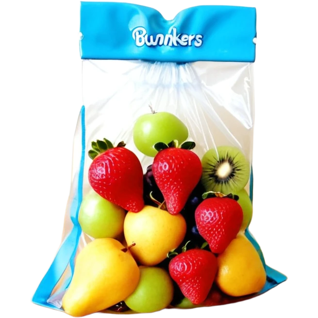 Ein weicher, bunter Standbeutel für Kinder, gefüllt mit püriertem Obstmus. Oben hat er einen kleinen wiederverschließbaren Schraubverschluss, aus dem Kinder direkt trinken oder saugen. Verpackung wie Babynahrung-Beutel aus dem Supermarkt, mit fröhlichem Obst-Design (Apfel, Banane, Erdbeere). emoji