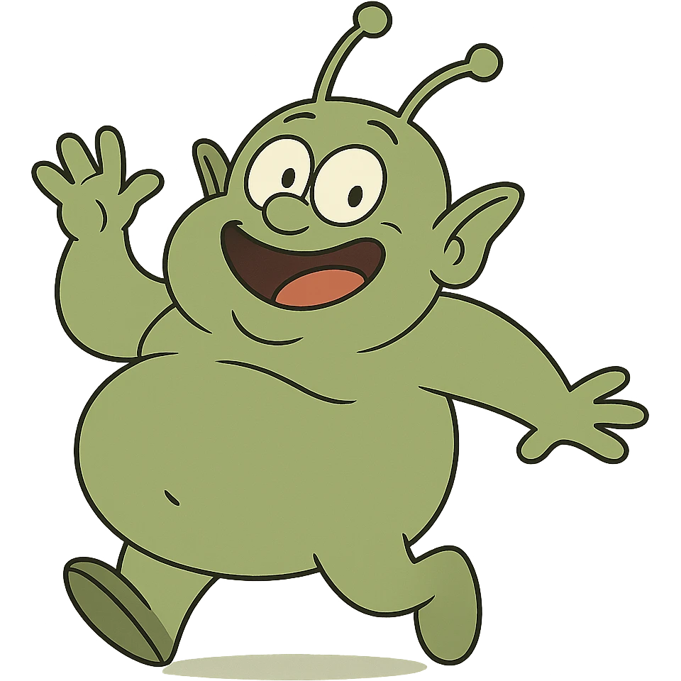 cartoonish fat Martian with green skin and antennae, in a playful pose emoji
