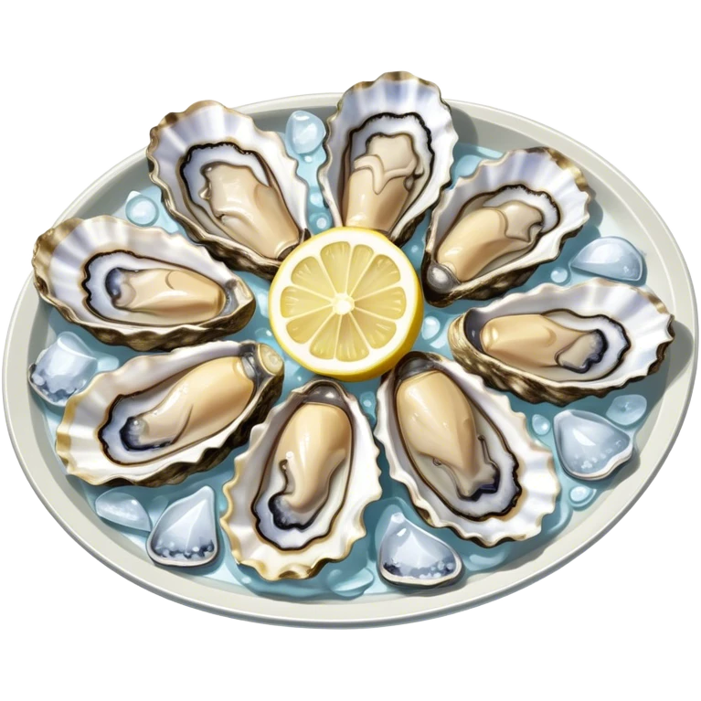 Cinematic fresh oysters on the half-shell, glistening with seawater, served with lemon wedges and ice, soft glowing highlights, elegant and luxurious. emoji